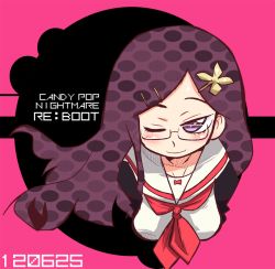 Rule 34 | 1girl, blush, candy pop nightmare, copyright name, glasses, himekawa makina, hys-d, long hair, looking at viewer, one eye closed, pink background, purple eyes, purple hair, simple background, smile, solo, upper body, wink