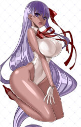 Rule 34 | 1girl, ass, bare shoulders, bb (fate), bb (fate) (all), bb (swimsuit mooncancer) (fate), bb (swimsuit mooncancer) (third ascension) (fate), breasts, covered navel, dark-skinned female, dark skin, fate/grand order, fate (series), gloves, groin, hair ribbon, high heels, highleg, highleg leotard, honjou raita, huge ass, kneeling, large breasts, legs, leotard, long hair, looking at viewer, neck ribbon, open mouth, purple eyes, purple hair, red footwear, red ribbon, ribbon, seiza, shiny skin, sitting, smile, tan, thick thighs, thighs, very long hair, white gloves, white leotard, wide hips