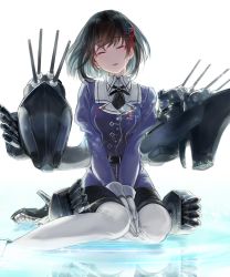 Rule 34 | 10s, 1girl, black hair, black skirt, crying, facing viewer, gloves, haguro (kancolle), haguro kai ni (kancolle), hair ornament, kantai collection, machinery, military, military uniform, necktie, pantyhose, reflection, ripples, short hair, simple background, sitting on water, skirt, solo, tears, uniform, uro (uro zi), white background, white gloves, white pantyhose