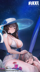 Rule 34 | 2girls, bikini, black choker, blue flower, blue rose, braid, braided ponytail, breasts, choker, closed eyes, closed mouth, cocktail umbrella, collarbone, copyright name, cup, dress, drinking straw, flower, glasses, goddess of victory: nikke, hand on another&#039;s head, hat, highres, lap pillow, large breasts, long hair, looking at viewer, mary (bay goddess) (nikke), mary (nikke), multiple girls, neon (blue ocean) (nikke), neon (nikke), night, night sky, official alternate costume, official art, outdoors, parted lips, rose, seashell, see-through, shell, sitting, skindentation, sky, sleeveless, sleeveless dress, star (sky), starry sky, sun hat, swimsuit, thighs, unusually open eyes, white bikini, white dress, white headwear
