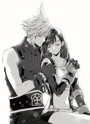 Rule 34 | 1boy, 1girl, bare shoulders, closed eyes, closed mouth, cloud strife, collarbone, commentary request, couple, crop top, earrings, elbow gloves, final fantasy, final fantasy vii, fingerless gloves, gloves, greyscale, hand on another&#039;s arm, hand on another&#039;s shoulder, hetero, holding hands, jewelry, light smile, long hair, midriff, miniskirt, monochrome, navel, ribbed sweater, ruy, single earring, sitting, sitting on lap, sitting on person, skirt, sleeveless, sleeveless turtleneck, spiked hair, suspender skirt, suspenders, sweater, swept bangs, tank top, tifa lockhart, turtleneck, turtleneck sweater, white background