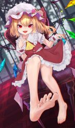 Rule 34 | 1girl, :d, \||/, absurdres, ascot, bare legs, barefoot, blonde hair, blurry, chair, crystal, depth of field, dutch angle, fangs, feet, flandre scarlet, foot focus, foot up, frills, full body, hair between eyes, hands up, highres, indoors, knees together feet apart, looking at viewer, nail polish, open mouth, petite, petticoat, r utchi, red eyes, red nails, red skirt, red vest, sitting, skin fangs, skirt, skirt set, smile, solo, toenail polish, toenails, toes, touhou, vest, wings, wrist cuffs, yellow ascot