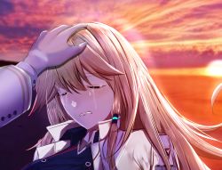 Rule 34 | 1girl, bad id, bad pixiv id, blonde hair, blue oath, blush, closed eyes, crying, gosama, hair between eyes, hair ornament, hairclip, hand on another&#039;s head, headpat, highres, lips, long hair, looking at viewer, oakland (blue oath), open mouth, solo, sunset, tears, teeth, uniform, upper body