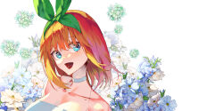 1girl absurdres bare_shoulders blue_eyes breasts choker cleavage collarbone commentary dress flower go-toubun_no_hanayome green_ribbon hair_ribbon highres large_breasts nakano_yotsuba open_mouth orange_hair portrait ribbon short_hair solo strapless strapless_dress upper_body white_choker yongo_(ssaa9675)