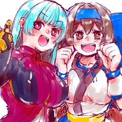 Rule 34 | 2girls, ainu clothes, alternate breast size, blue hair, bodysuit, bow, breasts, brown eyes, brown hair, chakuchiten, crossover, fingerless gloves, gloves, hair bow, happy, highres, kula diamond, large breasts, long hair, looking at viewer, multiple girls, open mouth, red eyes, rimururu, samurai spirits, short hair, smile, snk, the king of fighters, wada chakuchiten