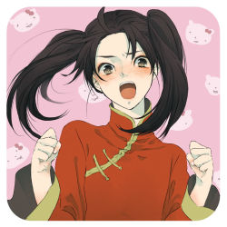 Rule 34 | 00s, 1boy, androgynous, axis powers hetalia, bad id, bad pixiv id, black hair, blush, brown eyes, china (hetalia), china dress, chinese clothes, clenched hand, clenched hands, crossdressing, dress, etomai, hello kitty, male focus, open mouth, sanrio, shinatty-chan, solo, trap, twintails