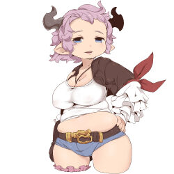 Rule 34 | 1girl, blue eyes, breasts, cleavage, commentary request, covered erect nipples, cowboy shot, cropped legs, granblue fantasy, hand on own hip, horns, jaggy lines, karva (granblue fantasy), large breasts, long sleeves, looking at viewer, medium hair, midriff, muffin top, navel, omiya (louise-louis-lucille), parted lips, pink hair, plump, pointy ears, puffy nipples, simple background, single bare shoulder, solo, tareme, thick thighs, thighs, white background