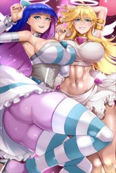 Rule 34 | 2girls, armlet, ass, blonde hair, blue eyes, blue hair, blunt bangs, breasts, cleavage, collar, collarbone, corset, cowboy shot, crop top, detached sleeves, grin, halo, highres, large breasts, lips, multicolored hair, multiple girls, navel, noxcuro, panty &amp; stocking with garterbelt, panty (psg), pink background, pink hair, pink legwear, skirt, smile, stocking (psg), strapless, striped legwear, teeth, thighhighs, tongue, tongue out, two-tone hair, white skirt