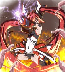 Rule 34 | 1girl, akazawa red, antenna hair, armor, armpits, arms up, battle, black thighhighs, bodysuit, covered mouth, covered navel, electricity, embers, faulds, fighting stance, fire, flat chest, floating hair, gender request, genderswap, gloves, hair between eyes, headgear, legs apart, leotard, lightning, long hair, looking at viewer, magical girl, mitsuka souji, ore twintail ni narimasu, purple eyes, red eyes, red hair, shaded face, sketch, slime (substance), solo, sweat, tailred, tentacles, thighhighs, twintails, vambraces, very long hair