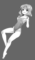 Rule 34 | 1girl, akino sora, barefoot, breasts, cameltoe, cleft of venus, clothes pull, covered erect nipples, feet, flat chest, greyscale, highres, monochrome, navel, nipples, one-piece swimsuit, one-piece swimsuit pull, original, panties, short hair, solo, swimsuit, underwear, wet, wet clothes, wet panties