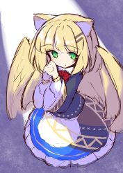 Rule 34 | 1girl, :o, animal ear fluff, animal ears, black jacket, blonde hair, blue skirt, blush, bow, feathered wings, frilled skirt, frills, green eyes, hair ornament, hairclip, hands up, highres, ichi (ichi.colors), interlocked fingers, jacket, long sleeves, looking at viewer, original, own hands clasped, own hands together, parted lips, red bow, shirt, sketch, skirt, solo, white shirt, wide sleeves, wings, yellow wings