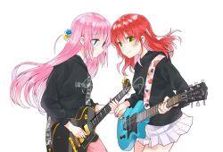 Rule 34 | 2girls, altea, black hoodie, blue eyes, blush, bocchi the rock!, closed mouth, cowboy shot, cube hair ornament, electric guitar, floral print, from side, gibson les paul, gotoh hitori, guitar, hair ornament, hamazi aki, highres, holding, holding instrument, hood, hood down, hoodie, instrument, kita ikuyo, long hair, long sleeves, multiple girls, music, official art, one side up, pants, pink hair, pink pants, playing instrument, plectrum, red hair, simple background, skirt, smile, very long hair, white background, white skirt, yellow eyes