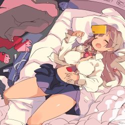 Rule 34 | 1girl, bed, breasts, cellphone, character request, feet out of frame, fish, highres, long hair, medium breasts, mota, open mouth, phone, scarf, skirt, solo