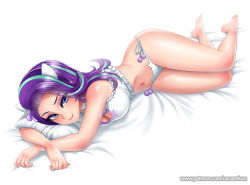 Rule 34 | 1girl, animal ears, bare arms, bare legs, barefoot, blue hair, bra, breasts, cat cutout, cat ear panties, cat ears, cat lingerie, choker, cinderella bust, cleavage, cleavage cutout, closed mouth, clothing cutout, frilled bra, frills, full body, grey eyes, hair ribbon, long hair, looking at viewer, lying, makeup, mascara, medium breasts, meme attire, multicolored hair, my little pony, on side, panties, pillow, purple hair, purple ribbon, racoon-kun, ribbon, shiny skin, side-tie panties, simple background, smile, solo, starlight glimmer, two-tone hair, underwear, underwear only, watermark, web address, white background, white bra, white choker, white panties