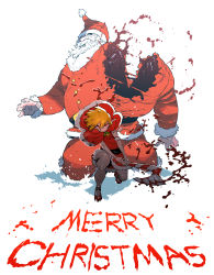 Rule 34 | 1boy, 1girl, absurdres, attack, axe, blonde hair, blood, candy, candy cane, capelet, closed mouth, deep wound, dress, english text, food, fur-trimmed capelet, fur trim, hair between eyes, highres, holding, holding axe, injury, looking at viewer, merry christmas, original, red capelet, red dress, red eyes, red footwear, santa claus, santa costume, shoes, size difference, squatting, ssambatea, two-handed