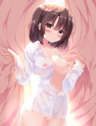 Rule 34 | 1girl, absurdres, blush, breasts, brown eyes, brown hair, censored, collarbone, collared shirt, commentary request, covered erect nipples, curtain grab, curtains, dress shirt, fuuna, hair between eyes, hands up, highres, katou megumi, looking at viewer, medium breasts, mosaic censoring, naked shirt, nipples, parted lips, pussy, saenai heroine no sodatekata, see-through, shirt, solo, white shirt