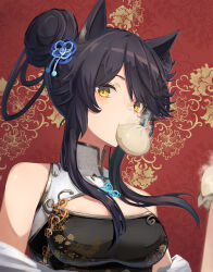 Rule 34 | 1girl, absurdres, alternate costume, alternate hairstyle, animal ears, bandaid, bandaid on face, bandaid on nose, baozi, bare shoulders, black hair, breasts, china dress, chinese clothes, cleavage cutout, clothing cutout, double bun, dress, food, food in mouth, hair bun, highres, holding, holding food, horse ears, horse girl, kodoneri (user quk1118), looking at viewer, medium breasts, narita brian (umamusume), red background, sidelocks, simple background, solo, umamusume, upper body