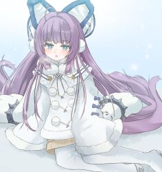 Rule 34 | 1girl, ahoge, azur lane, blue eyes, blush, boots, breath, bright pupils, capelet, coat, cold, commentary request, fur-trimmed capelet, fur-trimmed coat, fur-trimmed sleeves, fur trim, long hair, looking at viewer, open mouth, pom pom (clothes), purple hair, sidelocks, sitting, sleeves past fingers, sleeves past wrists, snow, snowflakes, snowing, solo, tashkent (azur lane), thigh boots, tififox, very long hair, very long sleeves, white capelet, white coat, white footwear, white pupils