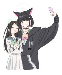 Rule 34 | 1girl, airi (blue archive), black hair, blue archive, cellphone, gomibako (gomibako price), height difference, highres, kazusa (blue archive), multicolored hair, phone, pink hair, short hair, smartphone, solo, twitter, two-tone hair, upper body, white background