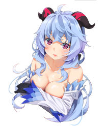 Rule 34 | 1girl, agnamore, ahoge, bare shoulders, black gloves, blue hair, blush, breasts, cleavage, closed mouth, collarbone, covering privates, covering breasts, cropped torso, crossed bangs, detached sleeves, eyebrows hidden by hair, ganyu (genshin impact), genshin impact, gloves, hair between eyes, highres, horns, light blue hair, lips, long hair, looking at viewer, medium breasts, purple eyes, simple background, solo, upper body, white background