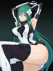 Rule 34 | 1girl, aqua eyes, armor, armpits, arms behind head, arms up, ass, atoko, bare shoulders, black background, black gloves, black leotard, black thighhighs, blue eyes, bodysuit, border break, breasts, breasts apart, character request, clenched hand, covered erect nipples, damegane, elbow gloves, faulds, flower, from below, from side, gloves, gorget, gradient background, green hair, hair between eyes, hair flower, hair ornament, halterneck, highres, hip focus, impossible clothes, impossible leotard, knee up, large breasts, leaning to the side, leotard, long hair, looking at viewer, parted lips, personification, sidelocks, sitting, solo, straight hair, thighhighs, thighs, turtleneck, very long hair, white flower, white gloves, white leotard, white thighhighs