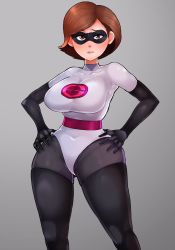 Rule 34 | 1girl, breasts, brown hair, elastigirl, hands on own hips, helen parr, highres, large breasts, leotard, mansonparesu, mature female, narrow waist, solo, sonparesu, the incredibles, thick thighs, thighs, wide hips