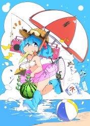 Rule 34 | 1girl, absurdres, ball, bare shoulders, beach, beach umbrella, beachball, beetle, bikini, blue eyes, blue hair, blue sky, boots, breasts, bug, cicada, cleavage, cucumber, day, eraser, eyebrows, fishing hook, fishing line, fishing rod, flanvia, food, fruit, goggles, goggles on headwear, hair bobbles, hair ornament, hat, highres, innertube, insect, jewelry, kawashiro nitori, key, key necklace, knee boots, large breasts, legs, matching hair/eyes, mouth hold, navel, necklace, notebook, ocean, outdoors, pen, rubber boots, running, shaved ice, short hair, side-tie bikini bottom, sky, solo, stereo, strapless, strapless bikini, straw hat, sun hat, swim ring, swimsuit, teruterubouzu, thighs, touhou, two side up, umbrella, water, water drop, watermelon, white bikini, wind chime