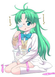 Rule 34 | 1girl, :q, bad id, bad pixiv id, blue bow, blue bowtie, blue eyes, blush, bow, bowtie, bucket, coke-bottle glasses, condom, cum, cum bucket, cum in container, full body, girlfriend (kari), glasses, green eyes, green hair, holding, holding condom, lab coat, leonardo 16sei, long sleeves, looking at viewer, multiple condoms, opaque glasses, partially opaque glasses, simple background, sitting, smile, socks, solo, tongue, tongue out, used condom, vest, wariza, white background, yellow vest, yukawa kise