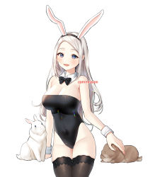 Rule 34 | 1girl, absurdres, animal, animal ears, bare arms, bare shoulders, black leotard, black thighhighs, blue eyes, bow, bowtie, breasts, cleavage, commission, covered navel, cowboy shot, detached collar, fake animal ears, groin, highleg, highleg leotard, highres, large breasts, leotard, long hair, looking at viewer, open mouth, original, parted bangs, playboy bunny, puckjjick (belbesi19), rabbit, rabbit ears, simple background, smile, solo, strapless, strapless leotard, thighhighs, thighs, white background, white hair, wrist cuffs