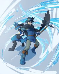 Rule 34 | 1boy, black hair, black headwear, blue eyes, blue footwear, blue gloves, blue tunic, boots, closed mouth, commentary, creatures (company), energy, game freak, gen 4 pokemon, gloves, hat, highres, holding, holding staff, lucario, male focus, nintendo, pants, pkpokopoko3, pokemon, pokemon (anime), pokemon (creature), pokemon: lucario and the mystery of mew, pokemon rse (anime), short hair, sir aaron, smile, spiked hair, staff, standing