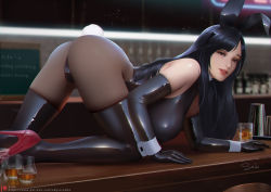 Rule 34 | 1girl, alcohol, all fours, animal ears, bare shoulders, black gloves, black hair, black leotard, black panties, black skirt, black thighhighs, blurry, blurry background, breasts, chinese commentary, counter, cup, elbow gloves, fake animal ears, final fantasy, final fantasy vii, final fantasy vii remake, forehead, full body, glass, gloves, high heels, indoors, large breasts, latex, latex gloves, latex legwear, latex thighhighs, leotard, long hair, panties, pantyhose, parted bangs, parted lips, patreon username, playboy bunny, red footwear, red lips, sade abyss, sideboob, signature, skirt, solo, spread legs, stiletto heels, thighhighs, tifa lockhart, underwear, wrist cuffs