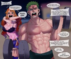 Rule 34 | 1boy, 1girl, abs, absurdres, bra, breasts, green hair, highres, large breasts, muscular, muscular male, nami (one piece), navel, one piece, orange hair, roronoa zoro, stomach, underwear, weights