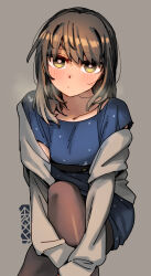 Rule 34 | 1girl, adapted costume, artist logo, black hair, black pantyhose, blue dress, breath, brown eyes, dress, ergot, feet out of frame, fubuki (kancolle), fubuki (spring mode) (kancolle), grey background, grey jacket, hair down, jacket, kantai collection, looking at viewer, official alternate hairstyle, open clothes, open jacket, pantyhose, polka dot, polka dot dress, simple background, solo