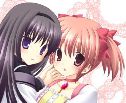 Rule 34 | 10s, 2girls, akemi homura, black hair, blush, face-to-face, hairband, hand on another&#039;s cheek, hand on another&#039;s face, hug, kaname madoka, long hair, lowres, magical girl, mahou shoujo madoka magica, mahou shoujo madoka magica (anime), multiple girls, nekoneko, open mouth, pink hair, purple eyes, school uniform, short hair, simple background, twintails, upper body, yuri