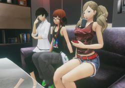 Rule 34 | 3d, 3girls, breast envy, breasts, bubble tea, bubble tea challenge, camouflage, couch, denim, denim shorts, empty eyes, english text, expressionless, flat chest, half-closed eyes, highres, jealous, large breasts, looking at viewer, multiple girls, necrocain, niijima makoto, on couch, pants, persona, persona 5, sakura futaba, selfie, shorts, sitting, small breasts, takamaki anne, tank top, text focus, twintails