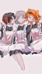 Rule 34 | 3girls, absurdres, apron, ashufu, black dress, braid, brown hair, checkered hairband, chinese commentary, closed mouth, commentary request, cropped legs, dress, girl sandwich, green eyes, grey background, grey eyes, grey hair, hair bun, highres, juliet sleeves, long sleeves, looking at another, maid, maid apron, multiple girls, orange hair, puffy sleeves, red eyes, reverse:1999, sandwiched, schneider (reverse:1999), short hair, side braid, simple background, single side bun, sitting, sonetto (reverse:1999), sweatdrop, two side up, vertin (reverse:1999), white apron, yuri