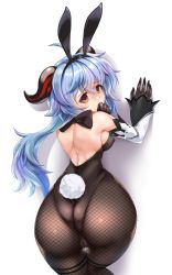 Rule 34 | 1girl, against wall, ahoge, akatsuki akane, animal ears, ass, backless leotard, blue hair, blush, bow, breasts, cameltoe, covered erect nipples, detached sleeves, fake animal ears, fake tail, fishnet pantyhose, fishnets, from behind, ganyu (genshin impact), genshin impact, gloves, highres, horns, leotard, long hair, looking back, medium breasts, pantyhose, playboy bunny, rabbit ears, rabbit tail, simple background, solo, tail, thigh gap, white background