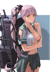 Rule 34 | 1girl, black ribbon, blue background, breasts, bullet hole, closed mouth, commentary request, dated, green eyes, green sailor collar, green skirt, hair ribbon, hand up, kantai collection, long hair, machinery, medium breasts, pink hair, pleated skirt, ponytail, ribbon, sailor collar, shirt, short sleeves, sidelocks, skirt, solo, tantaka, torn clothes, torn ribbon, torn shirt, torn skirt, two-tone background, very long hair, white background, white shirt, yura (kancolle)