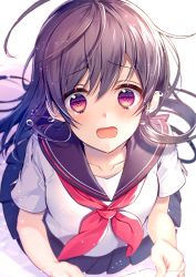 Rule 34 | 1girl, black hair, blush, chano hinano, collarbone, commentary request, confession, crying, holding, long hair, looking at viewer, neckerchief, open mouth, original, pleated skirt, purple eyes, red neckerchief, school uniform, serafuku, short sleeves, skirt, solo