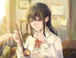 Rule 34 | 1girl, black hair, brown eyes, bush, chinese commentary, clock, commentary request, cooking, curtains, day, frying pan, hand on own chin, highres, indoors, kitchen, ladle, looking down, lord of the mysteries, melissa moretti, paper, red-yadaobaineizhang-eyes, red neckwear, shirt, solo, sunlight, wall, white shirt, window
