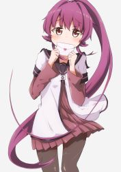 Rule 34 | 1girl, black pantyhose, blush, brown eyes, collarbone, covered mouth, highres, letter, long hair, looking at viewer, love letter, nanamori school uniform, pantyhose, ponytail, purple hair, school uniform, sg need, simple background, solo, standing, sugiura ayano, white background, yuru yuri
