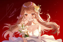 Rule 34 | 1girl, apple caramel, bare shoulders, braid, breasts, brown hair, cleavage, collarbone, colored inner hair, commentary, dress, elbow gloves, floating hair, flower, gloves, gradient background, hair flower, hair ornament, heart, highres, long hair, looking at viewer, medium breasts, multicolored hair, original, parted lips, red background, red eyes, rose, signature, solo, strapless, strapless dress, two-tone hair, very long hair, white dress, white flower, yellow flower, yellow rose