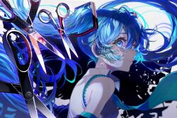 Rule 34 | 1girl, 1other, aqua necktie, blue eyes, blue hair, breasts, commentary, crying, detached sleeves, from side, hair between eyes, hatsune miku, highres, long hair, looking at viewer, mosaic roll (vocaloid), necktie, portrait, profile, red eyes, savi (byakushimc), scissors, shirt, sleeveless, sleeveless shirt, small breasts, solo focus, tears, twintails, twitter username, vocaloid