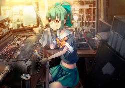 Rule 34 | 10s, 1girl, brown gloves, dirty, dirty face, energy drink, gloves, green hair, kantai collection, konkito, machinery, monster energy, school uniform, short hair, short ponytail, sitting, skirt, solo, wrench, yellow eyes, yuubari (kancolle)