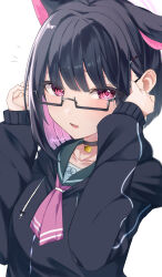Rule 34 | 1girl, animal ears, bespectacled, black-framed eyewear, black choker, black hair, black hoodie, blue archive, blunt bangs, blush, bob cut, cat choker, cat ears, choker, closed mouth, collarbone, colored inner hair, commentary request, extra ears, eyelashes, eyes visible through hair, glasses, hair ornament, hairclip, hands up, highres, hood, hood down, hoodie, kazusa (blue archive), light smile, looking at viewer, multicolored hair, neckerchief, noisy ma, notice lines, pink eyes, pink hair, pink neckerchief, semi-rimless eyewear, short hair, simple background, sleeves past wrists, solo, tsurime, twitter username, upper body, white background
