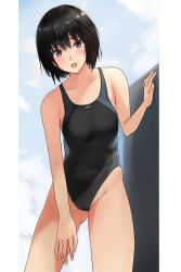 Rule 34 | 1girl, amagami, black eyes, black hair, black one-piece swimsuit, breasts, competition swimsuit, cowboy shot, groin, highleg, highleg swimsuit, highres, leaning forward, looking at viewer, nanasaki ai, one-piece swimsuit, open mouth, short hair, small breasts, solo, swimsuit, two-tone swimsuit, yoo tenchi