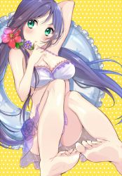 Rule 34 | 10s, 1girl, aqua eyes, arm behind head, arm up, bad id, bad pixiv id, barefoot, bikini, bikini skirt, blush, breasts, cleavage, feet, flower, frills, hair flower, hair ornament, hair over shoulder, large breasts, long hair, looking to the side, love live!, love live! school idol festival, love live! school idol project, midriff, open mouth, polka dot, polka dot background, purple hair, satoimo chika, sitting, soles, solo, swimsuit, thighs, toes, tojo nozomi, twintails, very long hair, yellow background