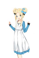 Rule 34 | 1girl, :d, abigail williams (fate), absurdres, black bow, blue bow, blue eyes, blue shirt, blush, bow, collarbone, commentary request, double bun, dress, fate/grand order, fate (series), forehead, frilled dress, frills, hair bow, hair bun, hands up, highres, long sleeves, looking at viewer, multiple hair bows, open mouth, parted bangs, pleated dress, shirt, sidelocks, simple background, sleeveless, sleeveless dress, sleeves past wrists, smile, solo, white background, white dress, yukaa