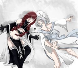 Rule 34 | 2girls, braid, breasts, cleavage, detached sleeves, fairy tail, irene belserion, japanese clothes, large breasts, long hair, midriff, mature female, multiple girls, pelvic curtain, red hair, revealing clothes, selene (fairy tail), thighhighs, twin braids, underboob