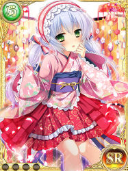 Rule 34 | 1girl, artist request, blue hair, blush, card (medium), green eyes, hand to own mouth, houtou, japanese clothes, kimono, koihime musou, long hair, obi, official art, open mouth, ribbon, sash, skirt, sleeves past wrists, smile, solo, twintails, yukata
